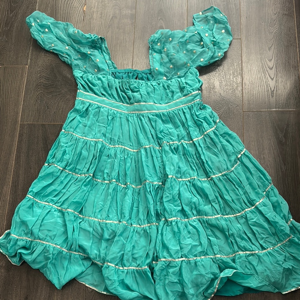Teal Ruffled Dress with Sheer Sleeves
